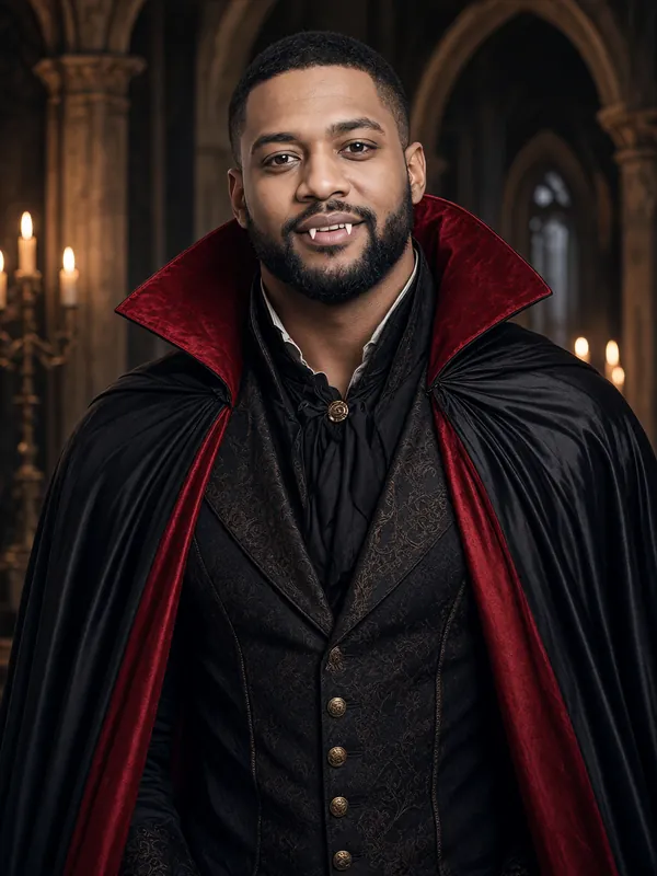 AI Halloween costume example: a man in a black and red vampire cape with small fangs in a candle-lit gothic hall